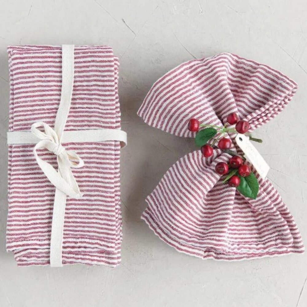 Creative Co-Op Red & White Ticking Stripe Napkins/NWT/Set of 4